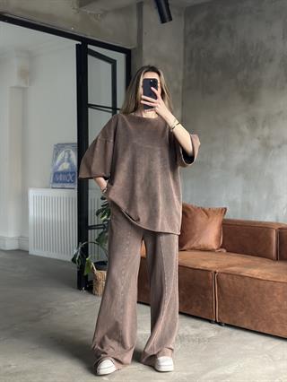 Unisex Yıkamalı Oversize Kısa Kollu Takım - Kahverengi