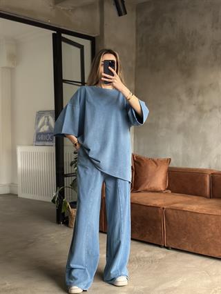 Unisex Yıkamalı Oversize Kısa Kollu Takım - Mavi