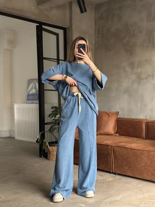 Unisex Yıkamalı Oversize Kısa Kollu Takım - Mavi
