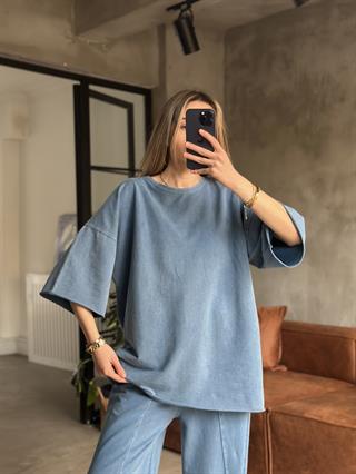 Unisex Yıkamalı Oversize Kısa Kollu Takım - Mavi