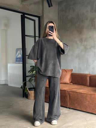 Unisex Yıkamalı Oversize Kısa Kollu Takım - Siyah