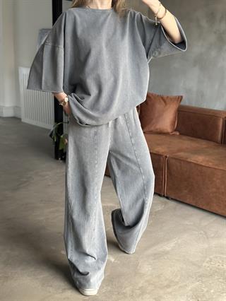 Unisex Yıkamalı Oversize Kısa Kollu Takım - Gri