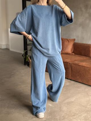 Unisex Yıkamalı Oversize Kısa Kollu Takım - Mavi