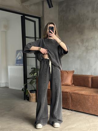 Unisex Yıkamalı Oversize Kısa Kollu Takım - Siyah