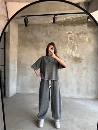 Unisex Yıkamalı Stoperli Takım - Gri
