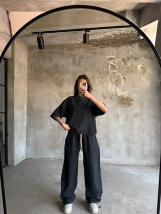 Unisex Yıkamalı Stoperli Takım - Siyah