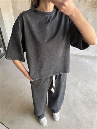 Unisex Yıkamalı Stoperli Takım - Siyah