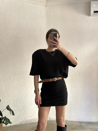 Vatkalı Basic T-Shirt Elbise - Siyah