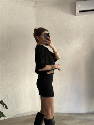 Vatkalı Basic T-Shirt Elbise - Siyah