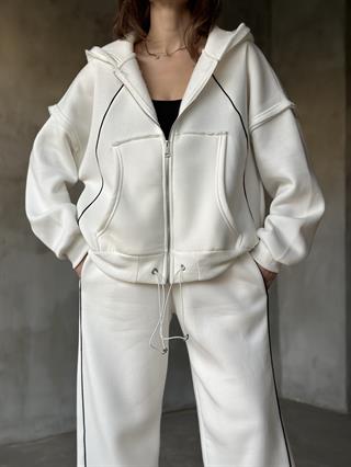  Lastik Detay Oversize Hırkalı Takım -  Beyaz