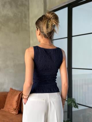 Volanlı Likralı Bluz - Lacivert