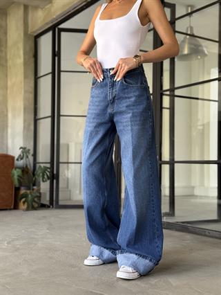 Wide Leg Kıvrık Paça Jean - Koyu Mavi
