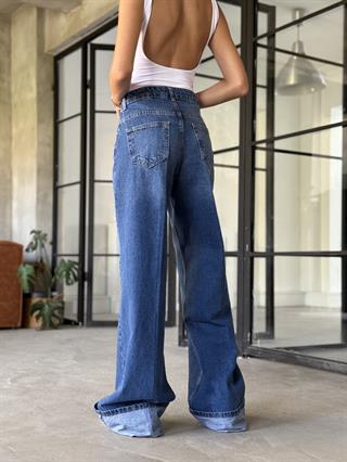 Wide Leg Kıvrık Paça Jean - Koyu Mavi