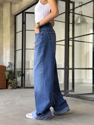 Wide Leg Kıvrık Paça Jean - Koyu Mavi