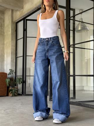 Wide Leg Kıvrık Paça Jean - Koyu Mavi