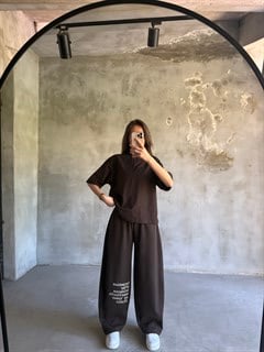 Yazı Baskılı Oversize Stoperli Takım - Kahverengi
