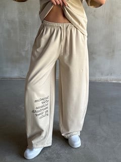 Yazı Baskılı Oversize Stoperli Takım - Krem