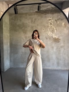 Yazı Baskılı Oversize Stoperli Takım - Krem
