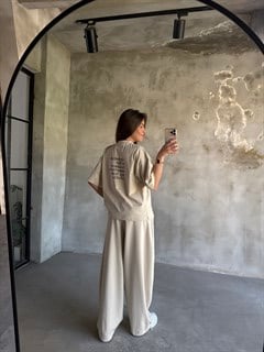 Yazı Baskılı Oversize Stoperli Takım - Krem