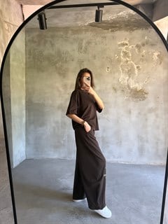 Yazı Baskılı Oversize Stoperli Takım - Kahverengi