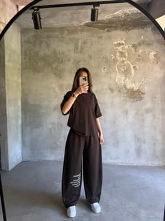 Yazı Baskılı Oversize Stoperli Takım - Kahverengi