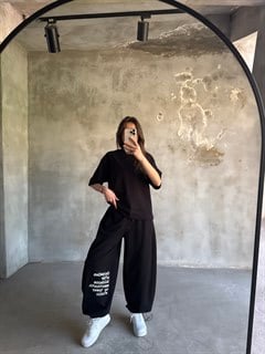 Yazı Baskılı Oversize Stoperli Takım - Siyah