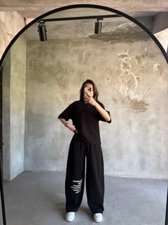 Yazı Baskılı Oversize Stoperli Takım - Siyah