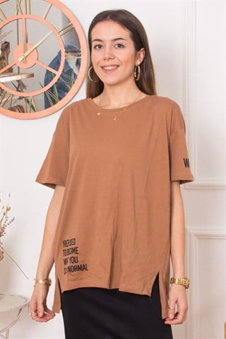 Yazılı Basic Tişört - Kahve