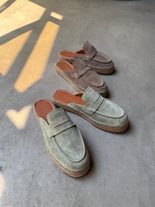 Yeşil Hakiki Deri Espadril Terlik