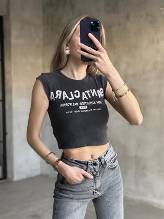 Yıkamalı Baskılı Crop Tshirt