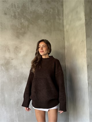 Yün Basic Oversize Bisiklet Yaka Kazak - Kahverengi 