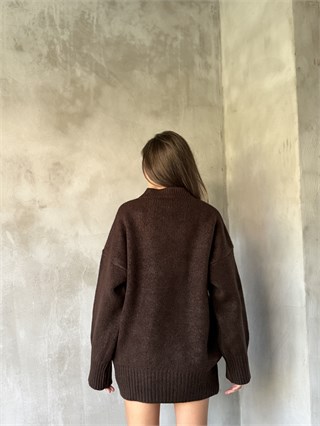 Yün Basic Oversize Bisiklet Yaka Kazak - Kahverengi 