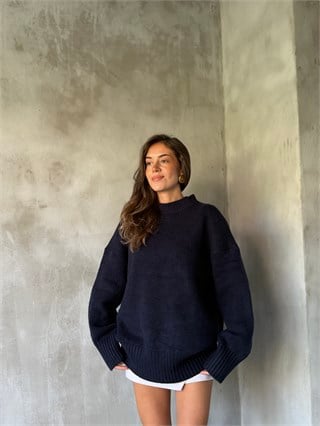 Yün Basic Oversize Bisiklet Yaka Kazak - Lacivert