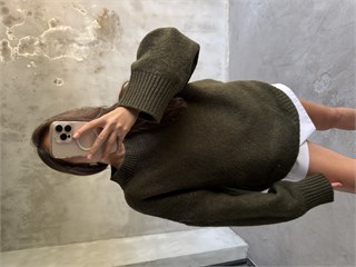 Yün Basic Oversize Bisiklet Yaka Kazak - Haki