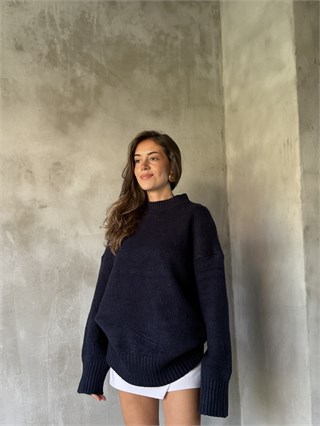 Yün Basic Oversize Bisiklet Yaka Kazak - Lacivert