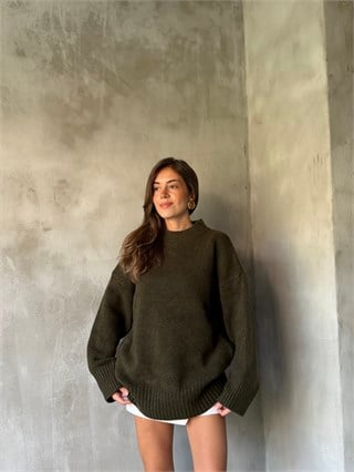 Yün Basic Oversize Bisiklet Yaka Kazak - Haki - Dominatrend