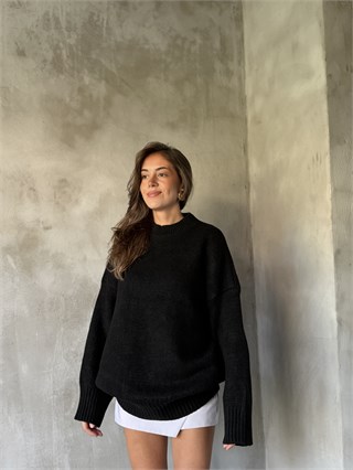 Yün Basic Oversize Bisiklet Yaka Kazak - Siyah