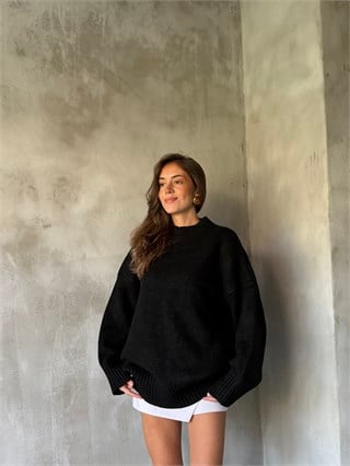 Yün Basic Oversize Bisiklet Yaka Kazak - Siyah