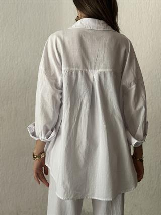 ZR Keten Oversize Beyaz Gömlek 