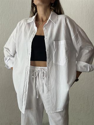 ZR Keten Oversize Beyaz Gömlek 