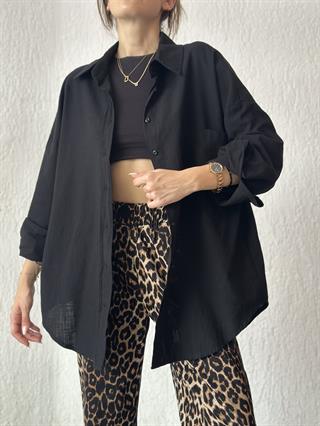 ZR Keten Oversize Gömlek - Siyah