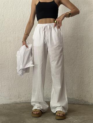  Keten Straight Pantolon - Beyaz