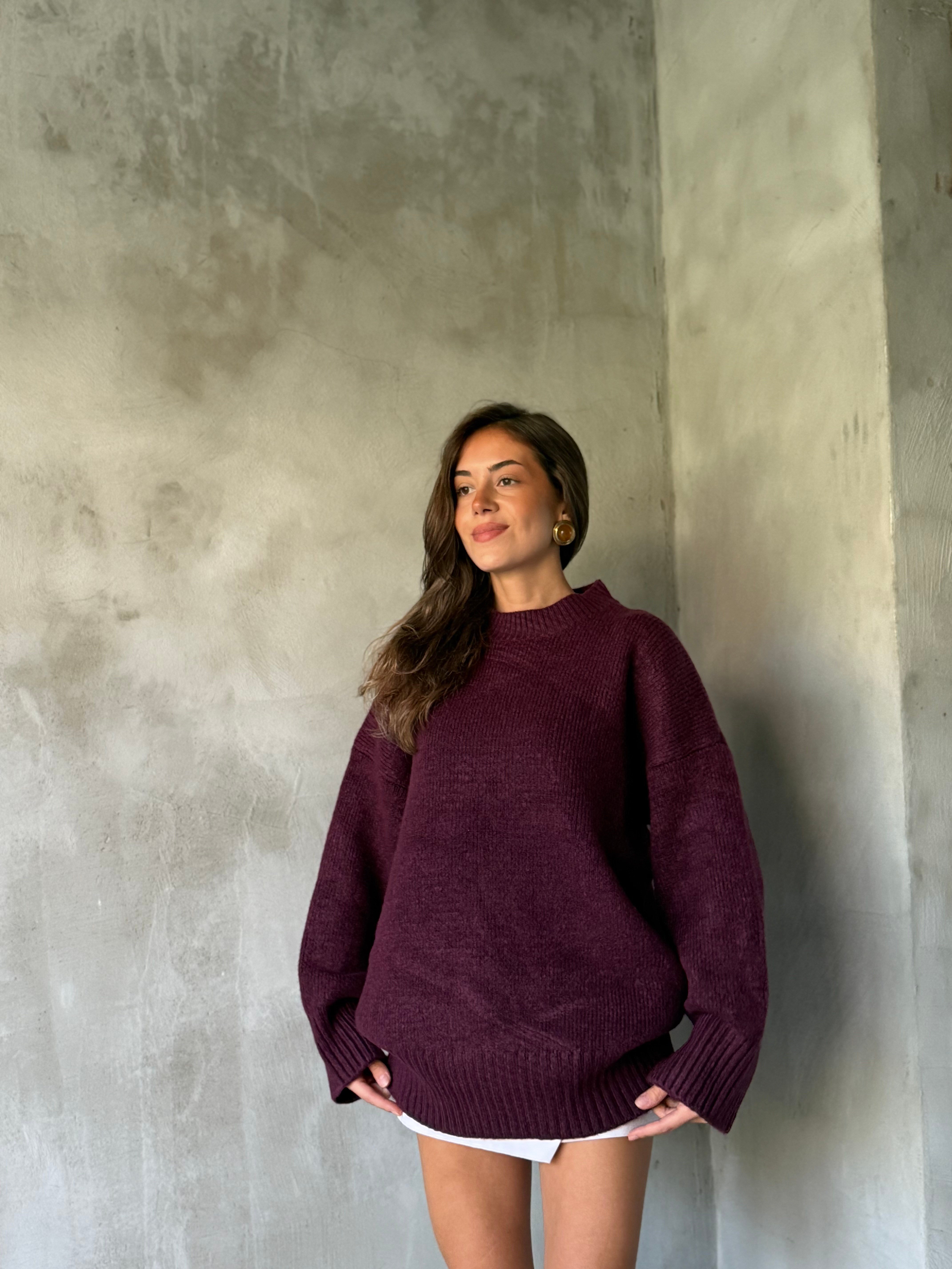  Yün Basic Oversize Bisiklet Yaka Kazak - Mürdüm - Dominatrend