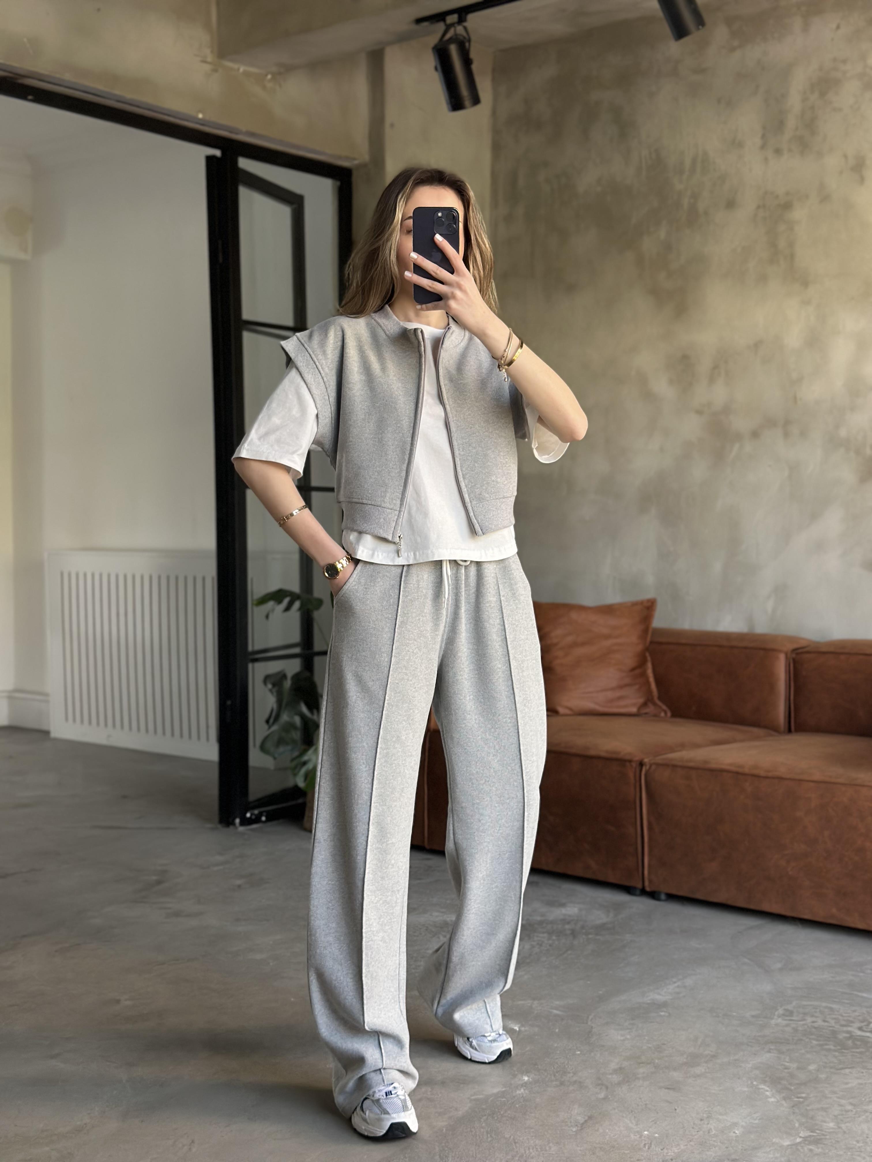 3'lü Set Selanik Kumaş Takım - Gri - Dominatrend