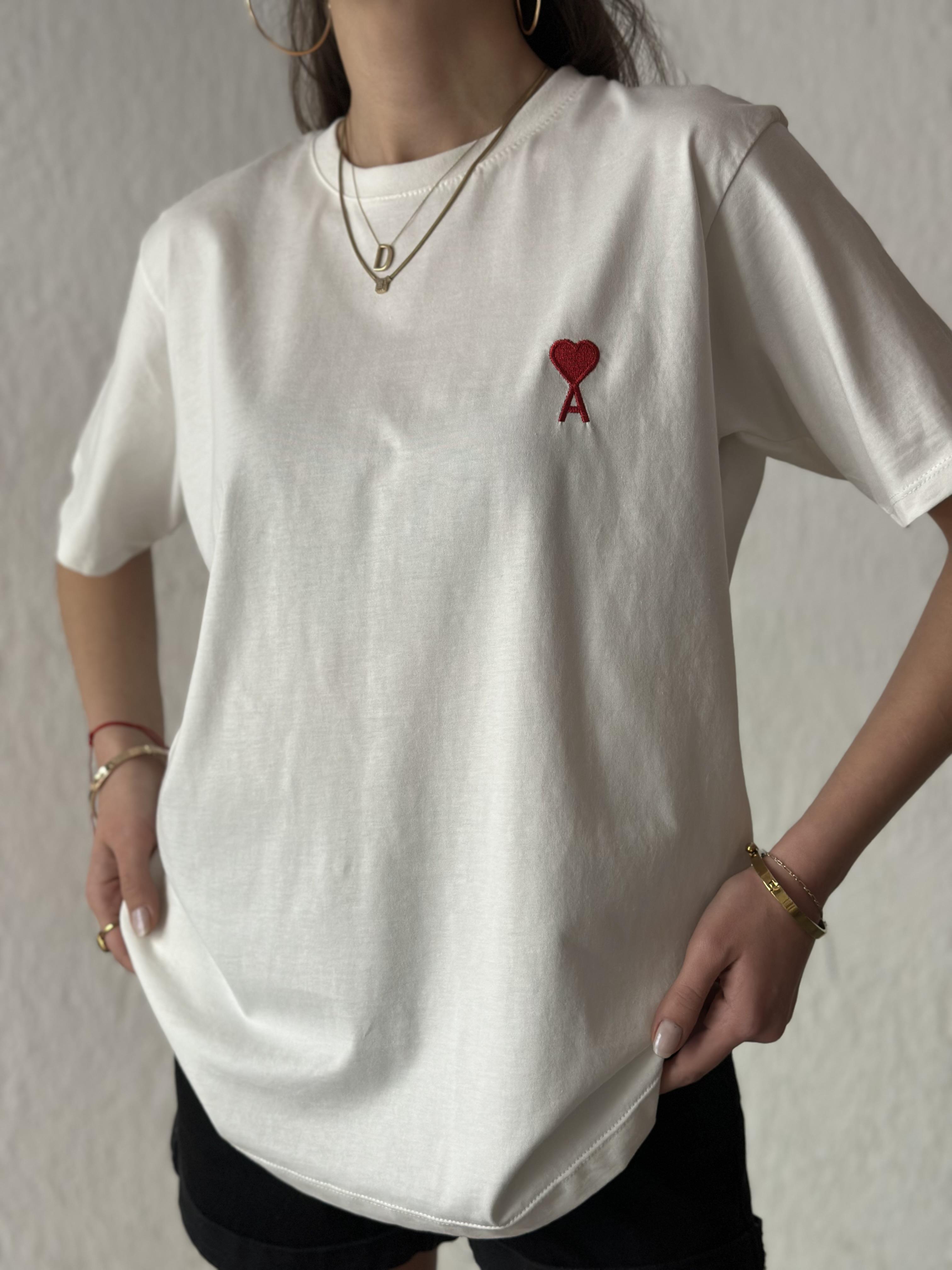 Ami Logo Nakışlı Oversize T-shirt - Beyaz - Dominatrend