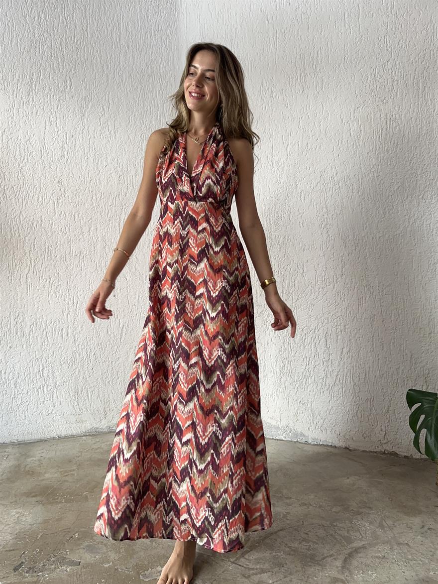 Batik Sırt Dekolteli Elbise - Renkli - Dominatrend