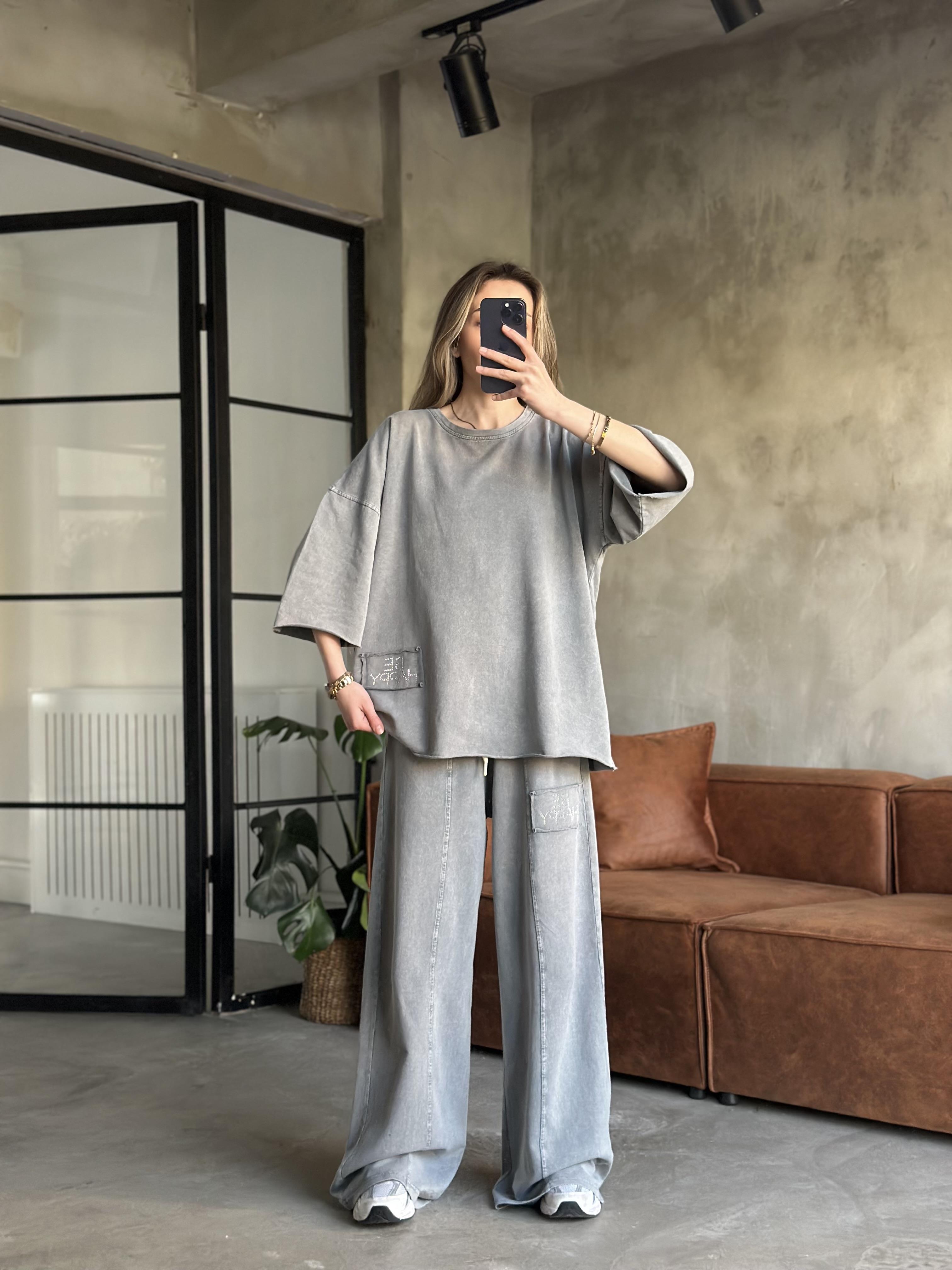 Be Happy Taş Baskı Yıkamalı Oversize Takım - Gri - Dominatrend