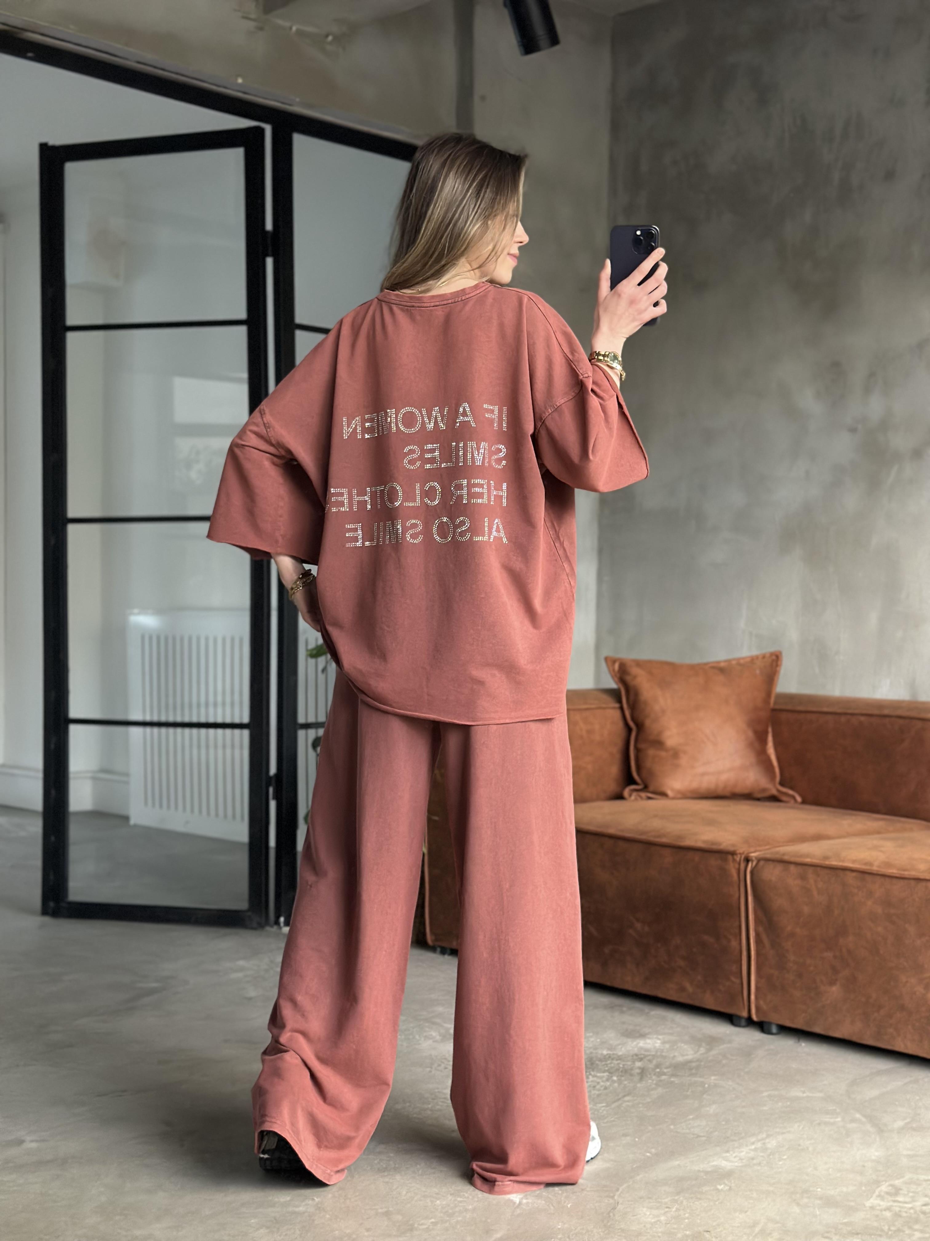 Be Happy Taş Baskı Yıkamalı Oversize Takım - Bordo - Dominatrend