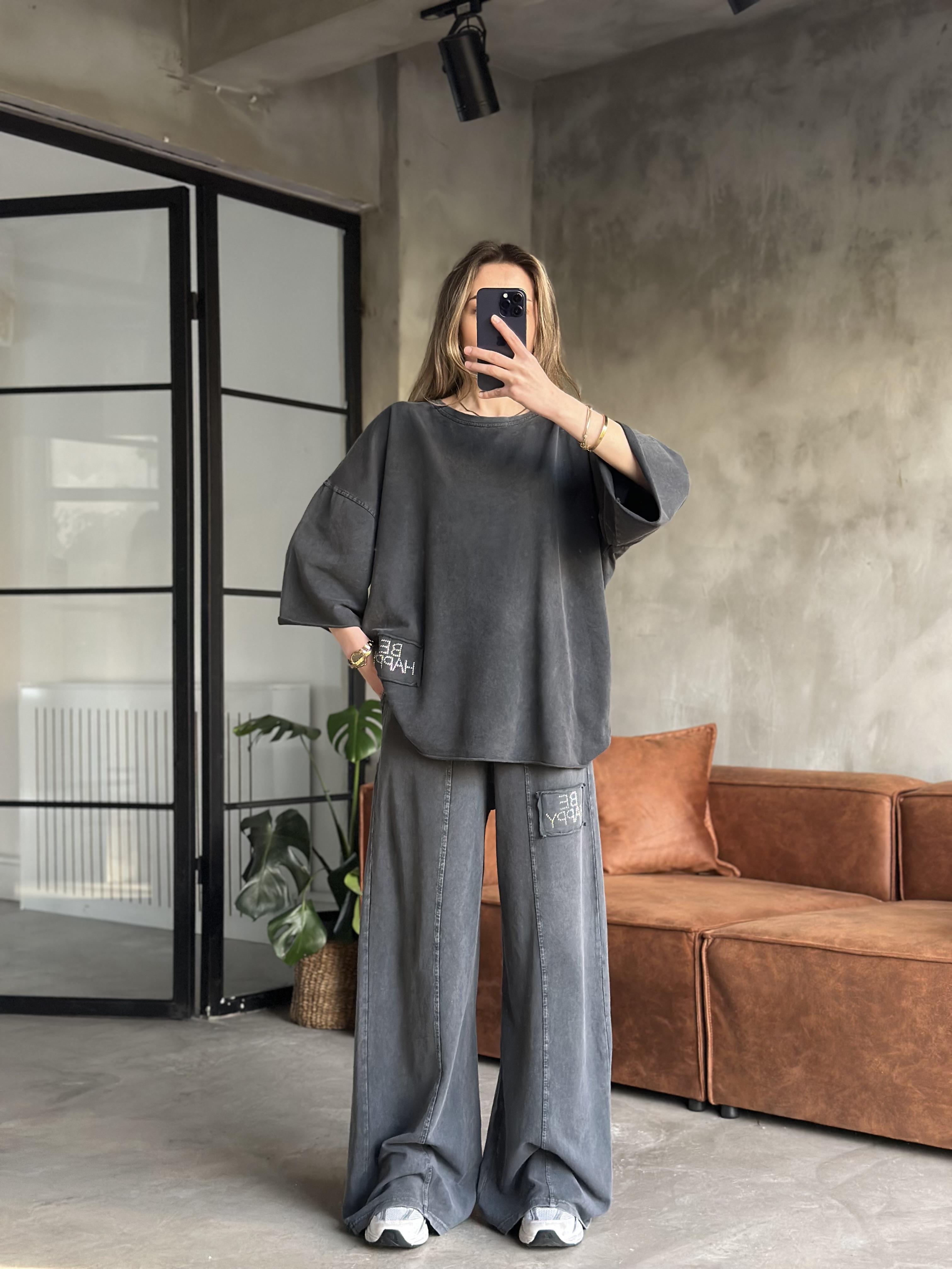 Be Happy Taş Baskı Yıkamalı Oversize Takım - Siyah - Dominatrend