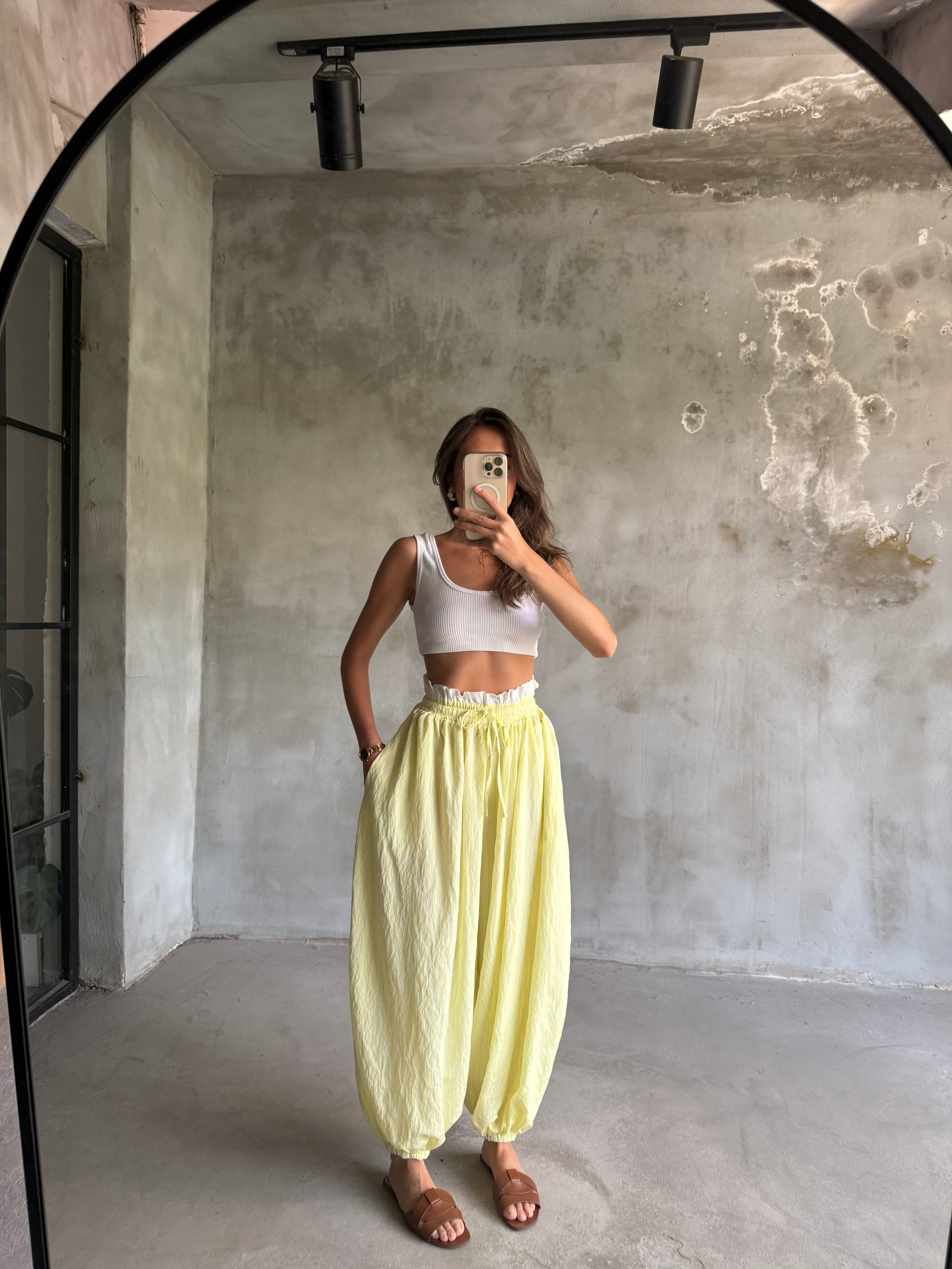 Bel Detay Çizgili Balon Şalvar Pantolon - Sarı - Dominatrend